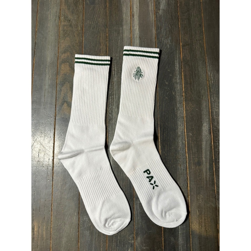 PAX White Crew Socks Green Striped Botanical Leaf Embroidered Athletic Lifestyle
